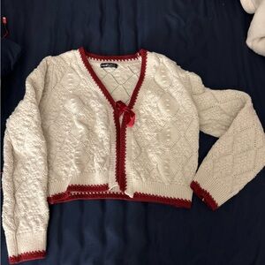 SHEIN Cream and Red Knit Cardigan